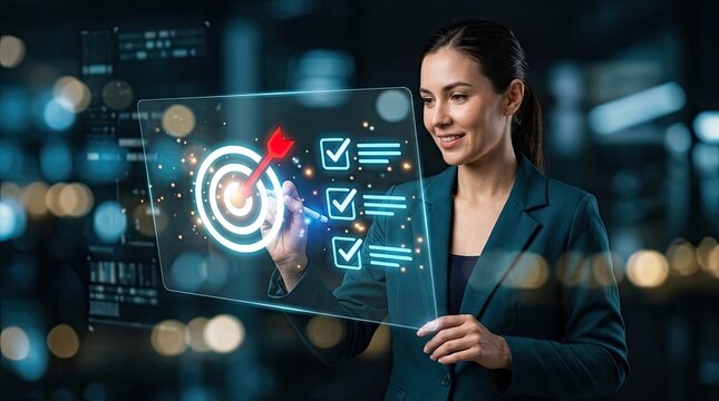 Businesswoman interacting with digital target and checklist interface
