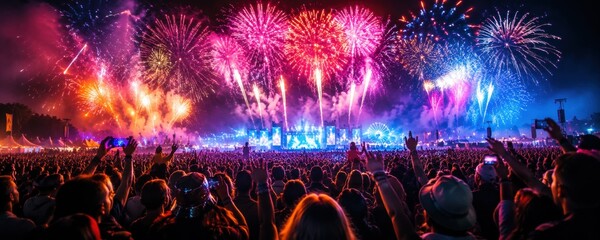 huge crowd cheering at outdoor music festival with raised hands while colorful fireworks explode above brightly illuminated stage at night © Viktoryia