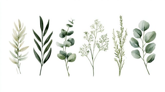 Delicate green botanical branches and leafy stems arranged in a horizontal decorative composition.