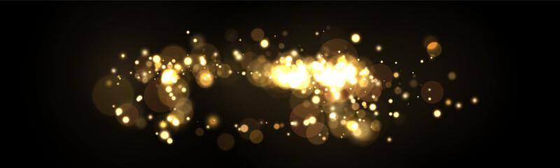 Horizontal cluster of golden glowing bokeh lights scattered on a dark background with soft focus and bright spots on transparent background © svetilo