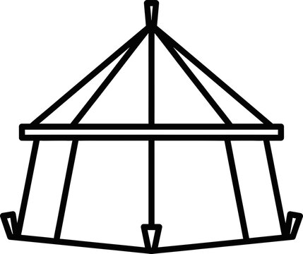 Isolated Monoline Outline Icon of a Pentagonal Prism Camping Tent With Symmetrical Pointed Roof and Five Side Panels