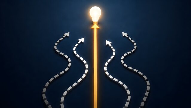 Creative innovation strategy concept showing straight golden arrow with glowing lightbulb outperforming curved paths