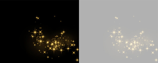 Cluster of shimmering golden star-shaped lights floating against a black background on transparent background © svetilo
