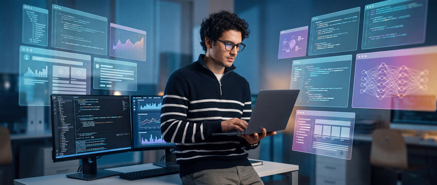 Software developer working with digital interfaces, operating a laptop beside floating holographic code screens in a dark blue futuristic office for AI technology software concepts
