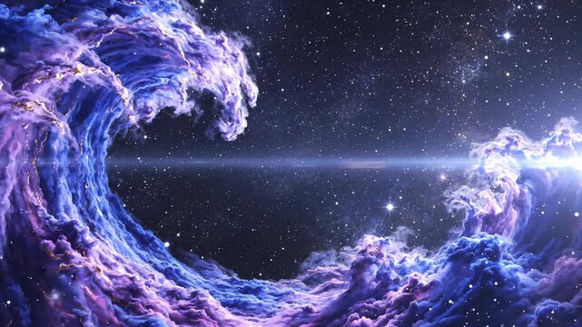 Abstract Cosmic Wave of Purple Nebula Clouds Moving Through Starry Deep Space