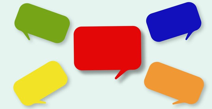 Five bright empty speech bubbles are scattered across a light blue background with soft shadows. A colorful template for dialogues, social media, and communication designs.