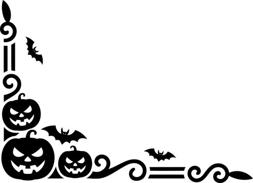Halloween Swirl Corner Decorative Border elements, with Bats and Pumpkin silhouettes, scrolls elegant vines designed for invitation greeting cards
