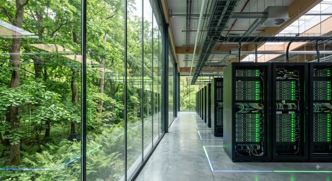 Modern data center with glass wall showcasing servers and lush green forest outside for tech sustainability concept