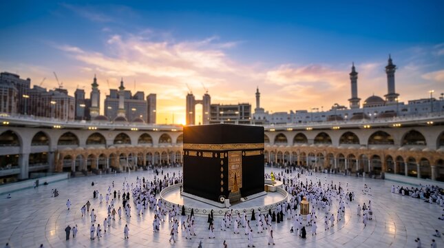 The holy kaaba in mecca, saudi arabia during sunrise, with pilgrims circumambulating the sacred structure inside masjid alharam
