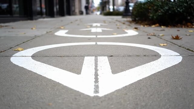 White arrow directional markings on gray asphalt street.