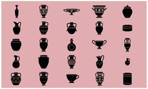 Set of black silhouette ancient greek pottery and amphorae icons on a muted pink background with ceramics historical archaeology classical elements illustration silhouette collection