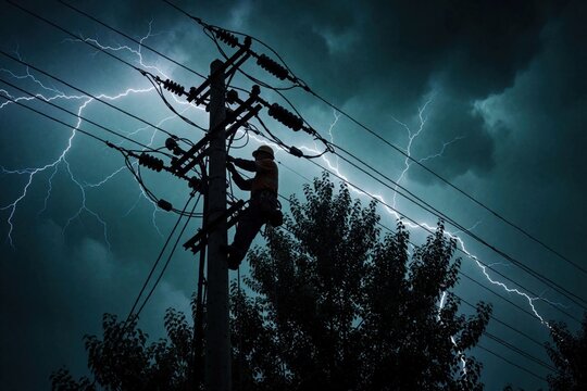 Electrician repairs high voltage power lines during heavy thunderstorm. Pro technician works on electric pole under dark stormy sky with bright lightning strikes. Dangerous maintenance job in bad