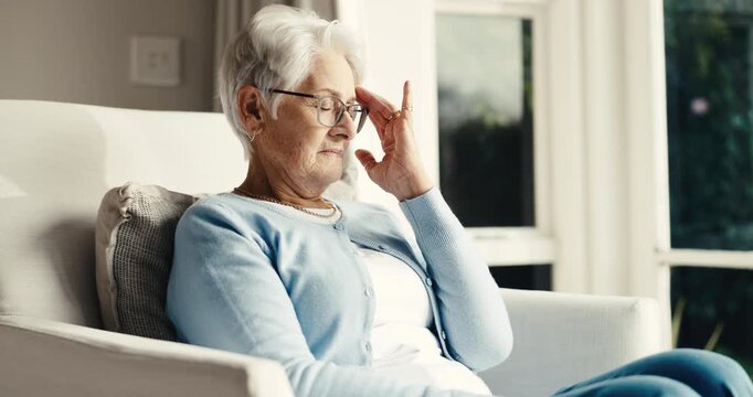 Headache, thinking and senior woman in home for memory loss, head pain and stress with dementia. Retirement, massage and elderly person with migraine, strain and worry for Alzheimers or mental health