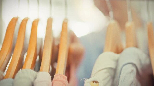 A girl sorts through clothes on wooden hangers in her wardrobe changing items by season on a bright day. Concept of seasonal wardrobe refresh and updating a home clothing collection