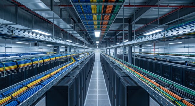 Modern data center server room with overhead cable trays and organized infrastructure for tech industry