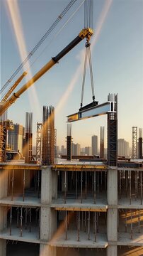 Hyperdetailed 3D CGI animation of a modern highrise construction site at peak golden hour where a massive crawler crane precisely holds and slowly rotates a gleaming steel Ibeam into final alignment