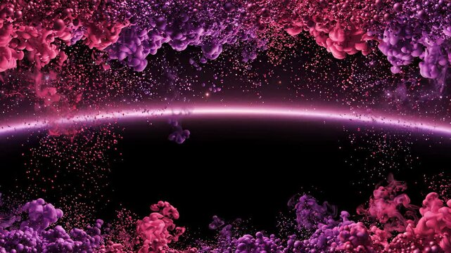 Abstract Pink and Purple Ink Clouds Swirling in Dark Space With Glowing Particles