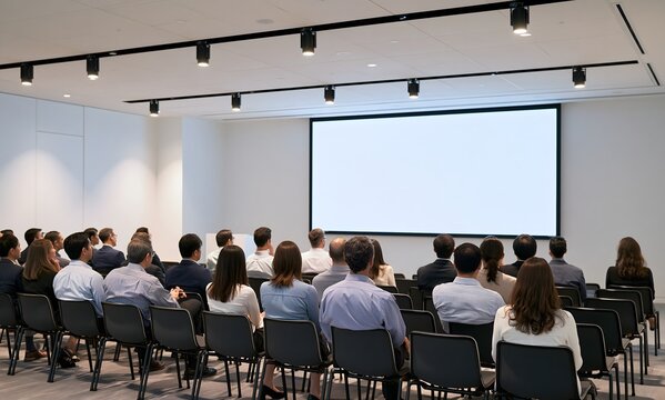 subterranean seminar room with bright professional overhead track lights, crisp white backdrop