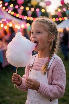 Blonde girl eats pink cotton candy at night carnival with blurred festive lights. Young child enjoys sweet treat, smiles joyfully outdoors, having fun at summer fair.