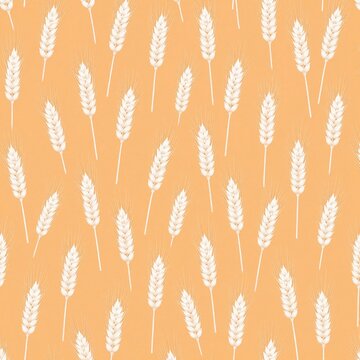 Seamless pattern with white wheat ears on pastel orange background. Organic grain texture perfect for bakery branding, food packaging design, textile prints, autumn themed wallpaper. Minimalist