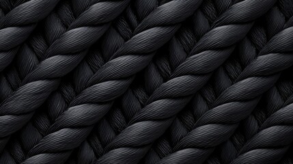 Obraz premium Black braided rope creating a strong intertwining pattern, showcasing dark intricate nautical texture, detailed fiber weave providing tensile strength and secure connection