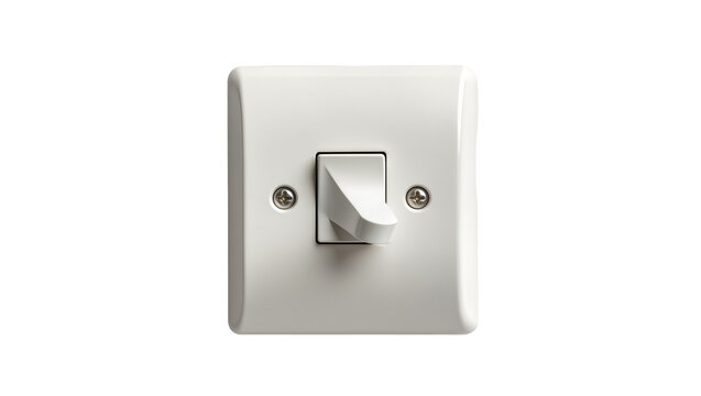 White plastic light switch with silver screws, isolated on transparent background