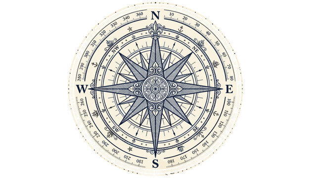 Vintage Nautical Compass Rose Vector Design Featuring Intricate Ornate Geometry With Eight Pointed Directional Star And Cardinal Degree Ring