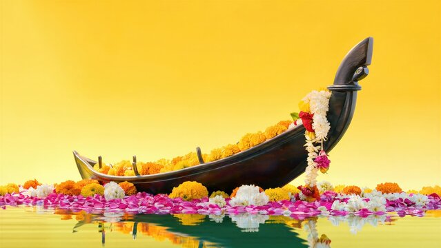 Wooden boat decorated with vibrant flower garlands for Onam festival. Traditional snake boat model floating on water filled with petals. Celebration of South Indian culture and harvest.