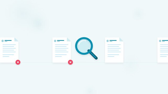 Document audit process with magnifying glass and check mark symbols animation