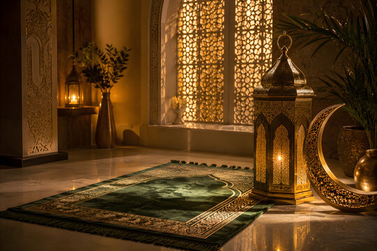Elegant Islamic Prayer Mat with Brass Lantern and Crescent Decoration for Eid Milad