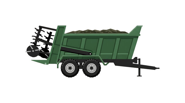 Industrial green agricultural manure spreader trailer isolated against plain white background with trailer designed spreading