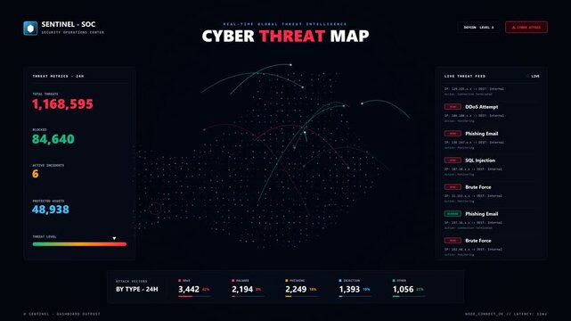 Cyber threat map displaying global network security vulnerabilities and real-time attack data
