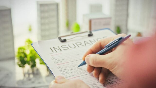 A man completes a real estate insurance document in a modern office surrounded by miniature models of contemporary apartment buildings. Concept of property protection and insurance coverage