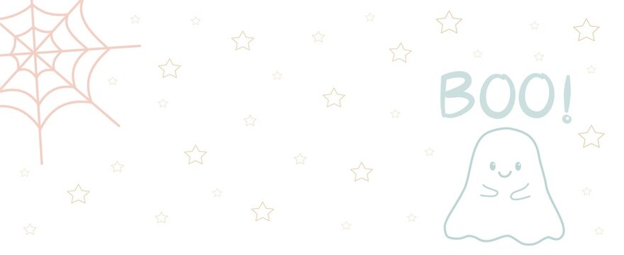 Cute Halloween ghost with Boo text, spider web and stars on white background