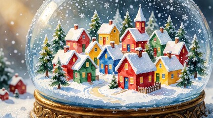 Fototapeta premium Colorful village in snow globe under falling snowflakes. Cozy houses and evergreen trees create a winter wonderland scene inside glass sphere. Festive holiday decor.