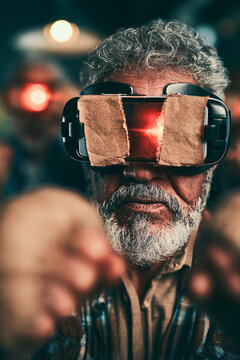 Diverse Elderly Man Doing Virtual Reality Fitness Workout Authentic Healthy Aging Tech Active Lifestyle Realism Senior