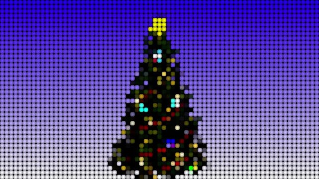 christmas tree stylized in mosaic pixelated pattern. Flickering colorful shiny small squares background