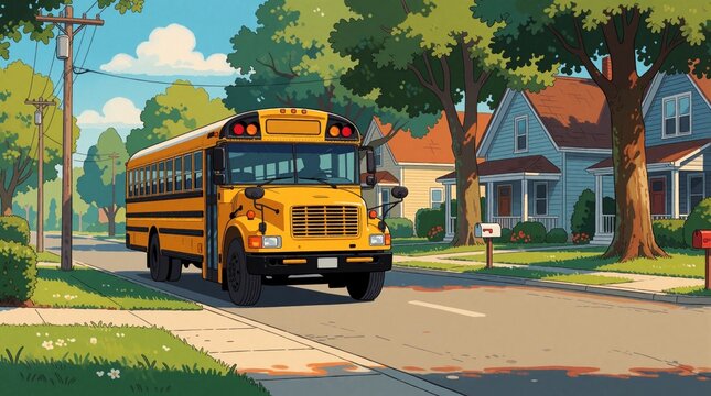 Yellow bus drives quiet neighborhood street lined with trees, houses. Residential road with parked cars, grassy curb, sidewalk, clear sky. Simple design with bold lines, warm pastel colors, ideal for