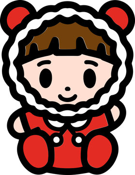 Cute Hand Drawn Winter Girl in Fur Hood Icon, Cozy Christmas Holiday Illustration
