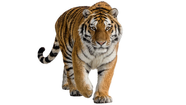 Majestic tiger walking forward, isolated on transparent background