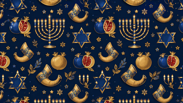Jewish holiday seamless pattern with menorah, star of david, shofar and pomegranate on dark blue background