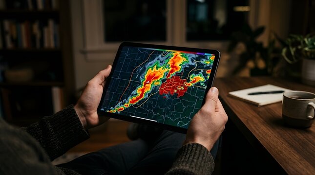 Man holding tablet displaying a storm radar map in a dim office setting
