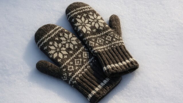 Warm knitted mittens on snow wallpaper