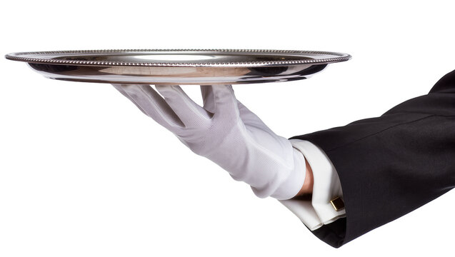 Butler s white gloved hand holding silver tray, isolated on transparent background