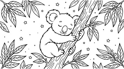 Cute koala bear sleeping on a eucalyptus tree branch in a doodle line art style illustration