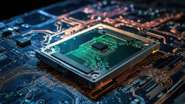 Modern portable solid state storage device with exposed circuit board and microchip detail