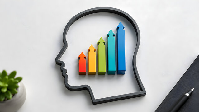 Black human head outline framing an ascending 3d arrow chart on a desk. Concept of business growth mindset and corporate leadership psychology.