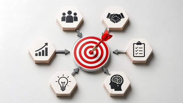 Red dart on bullseye surrounded by six hexagonal wooden business icons. Concept of corporate goal setting and strategic planning workflow.
