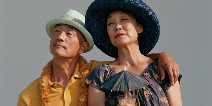 Senior asian couple in hats holding a parasol looking upward for lifestyle and travel banner background