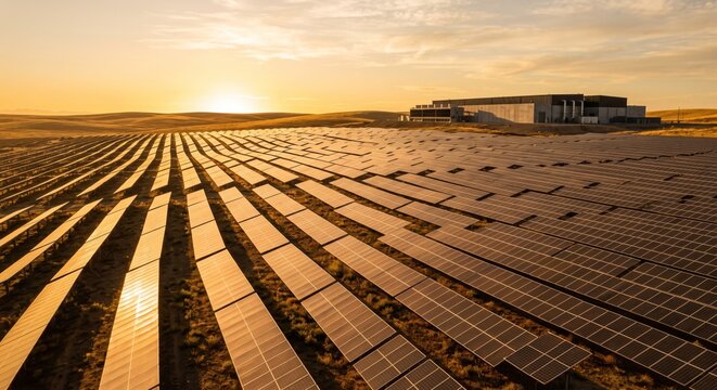 Solar farm panels golden hour aerial view with data center infrastructure background